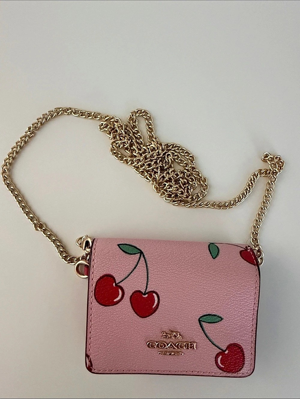 Coach wallet on a chain with Cherry Print Crossbody Pink & Red
